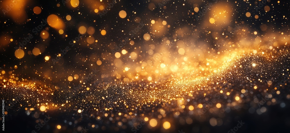 Poster golden glittering particles creating a magical bokeh effect in dark background