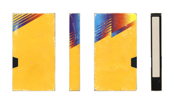 VHS videocassette in retro design cover sleeve, multiple angles, mockup with blank space on transparent background