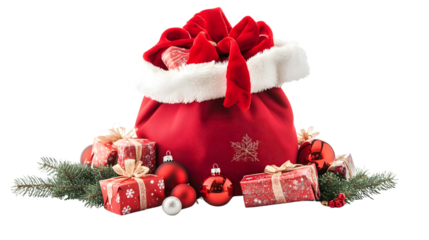Festive Santa Bag Filled with Gifts and Ornaments, Featuring Ribbons and Holiday Joy