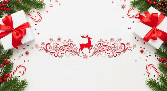 christmas greeting card with red ribbon gifts box tree christmas background