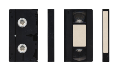 VHS videocassette in different sides without cover sleeve on transparent background with blank space for mockup