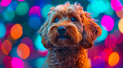 Adorable dog with colorful bokeh lights in the background. A festive and artistic portrait capturing pet personality in vibrant surroundings.