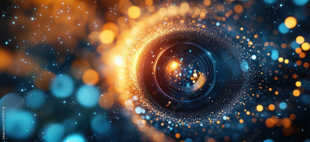 Poster cosmic lens effect with vibrant bokeh and sparkling particles in deep space
