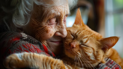 Heartwarming portrait of a smiling elderly woman hugging a ginger cat. A touching moment that celebrates love, companionship, old age, and the healing bond between humans and animals.