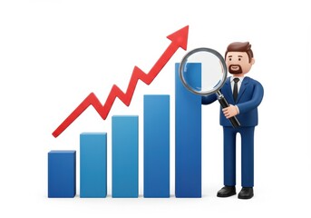 3D Illustration of Cartoon businessman analyzing financial growth with magnifying glass on a chart isolated on white background