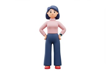 3D Illustration of 3d render of a cartoon woman character in pink top and blue pants isolated on white background