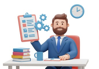 3D Illustration of Cartoon man in suit sitting at desk with checklist books and mug isolated on white background showing time management