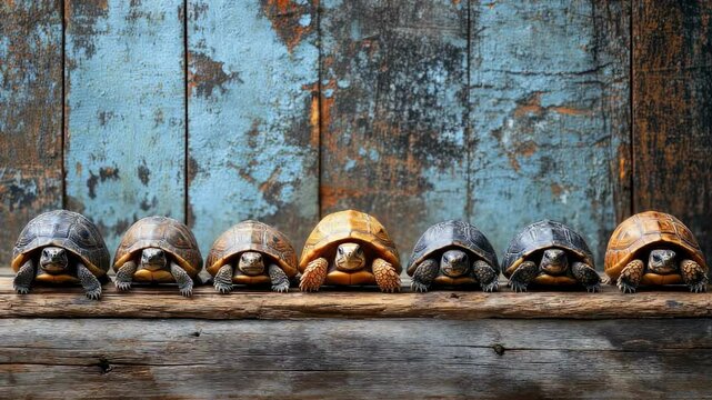 Six Tortoises in a Row Against Weathered Wooden Background