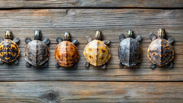 Six Turtles in a Row on Rustic Wooden Background