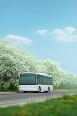 Bus passing blooming spring trees, Electric school bus