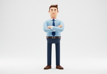 3D Illustration of 3d cartoon of a businessman standing with arms crossed wearing a blue shirt and navy pants isolated on white background