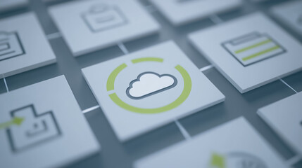 Cloud Computing Connectivity: An evocative top-down shot showcases interconnected digital icons, with the cloud icon at center representing a futuristic data storage and communication.