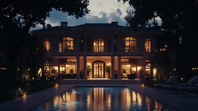 Luxury mansion at night with swimming pool reflecting lights, providing upscale lifestyle appeal