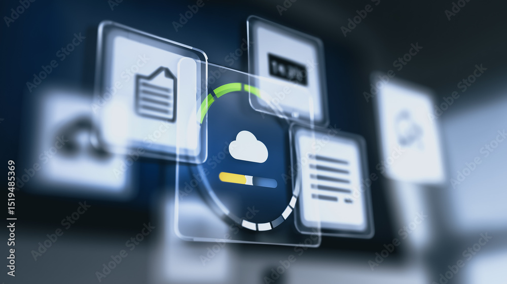 Poster cloud data management: futuristic display of data icons merging on a glass screen symbolizing seamle