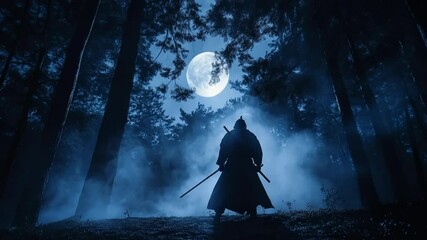 Samurai's solitary vigil beneath the ethereal glow of a mystical full moon in the tranquil forest - Powered by Adobe