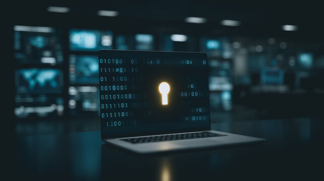 Cybersecurity Fortress: A laptop, the digital stronghold, displays a glowing lock icon, symbolizing data security, in a high-tech command center setting.