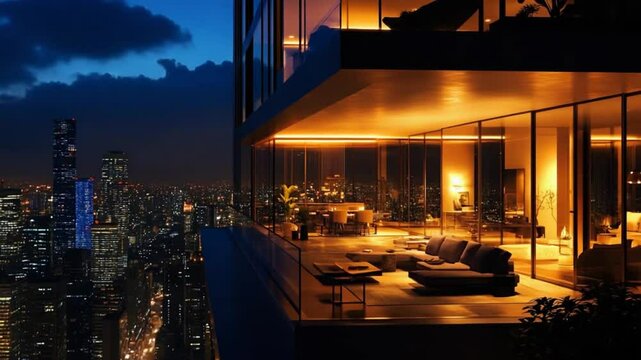Luxurious penthouse apartment with breathtaking city views at night, interior design