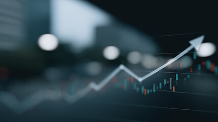 Financial Growth in the City: A dynamically illustrated arrow charts the upward trajectory of market progress, set against the backdrop of a blurred metropolitan skyline.