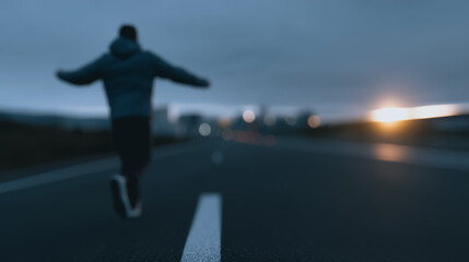 Soaring on the Road: A person leaps with unbridled joy and freedom against the backdrop of a road, epitomizing a spirit of adventure and the exhilaration of new horizons.