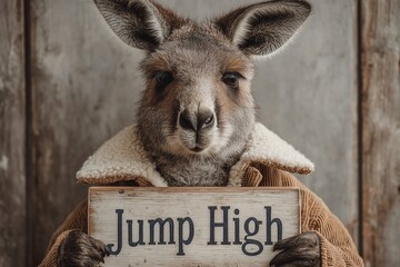 A stylish kangaroo in a retro jacket holding a board with "Jump High" on a white backdrop.