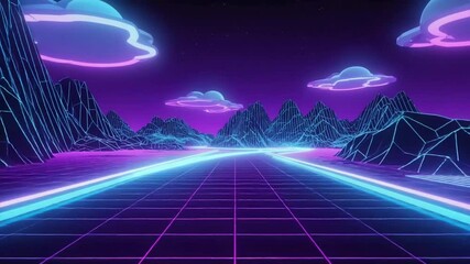 3D Synthwave terrain landscape, digital blue purple glow cyberspace laser neon grid floor perspective, abstract futuristic retrowave poster design, 80s retro arcade game style 4k video - Powered by Adobe