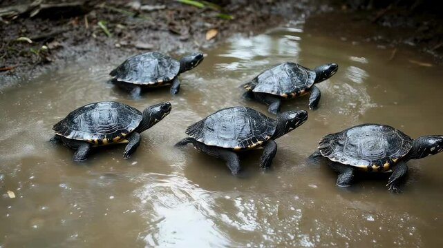 Five South American River Turtles Crossing a Puddle