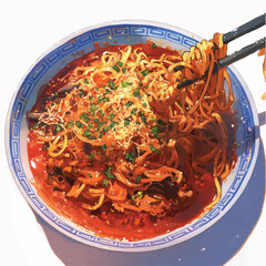 Delicious Spicy Noodles in a Bowl A Culinary Illustration