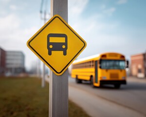 Eco-conscious school zone sign beside parked bus, Electric school bus