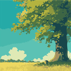 Fototapeta premium Serene Summer Landscape Majestic Tree in a Sunlit Meadow