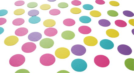 A playful scattering of colorful polka dots evoking a sense of whimsical joy and fun on transparent background