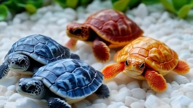 Four Colorful Baby Sea Turtles Crawling on White Pebbles