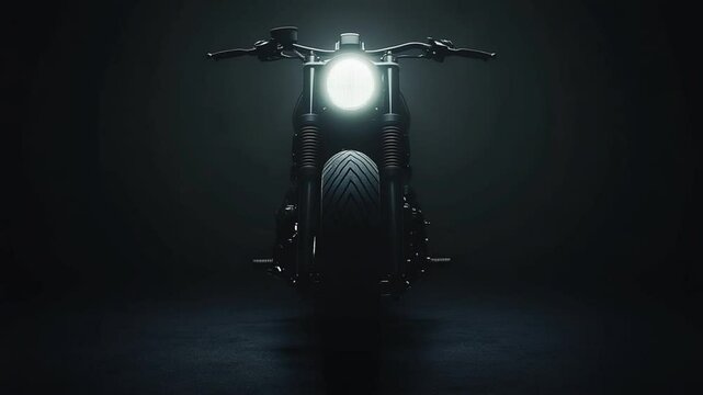 Dramatic motorcycle headlight in darkness captures minimalist modern aesthetic appeal