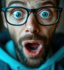 Surprised man with glasses expressing shock and amazement in close-up portrait