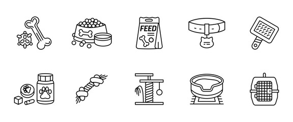 Pet accessories icon set. Collection of essential pet accessories including collar, toy, bowl and food vector illustration. Animal care and grooming tools outline symbols. Cat and dog shop line sign.