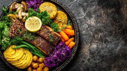 A colorful platter showcases a nutritious meal with grilled vegetables, vibrant greens, and a quinoa salad garnished with lemon slices. The arrangement highlights freshness and flavor