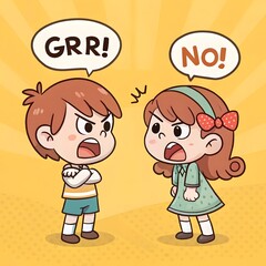 Twin cartoon kids yelling at each other with comic-style speech bubbles, cartoon twins fight, angry kid illustration, comic style children, cute sibling argument, chibi angry kids, display, elegance