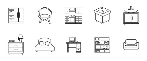 Furniture icon set. Outline collection of modern home furnishings including chair, table, sofa, bed and lamp vector illustration. Interior design and decor elements line symbols.