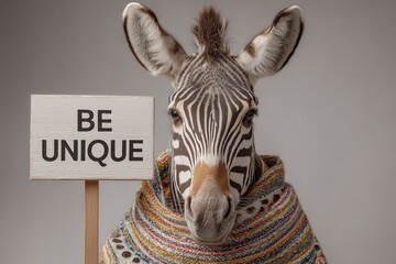 A funky zebra in a polka-dot scarf holding a board with "Be Unique" on a minimalist white canvas.