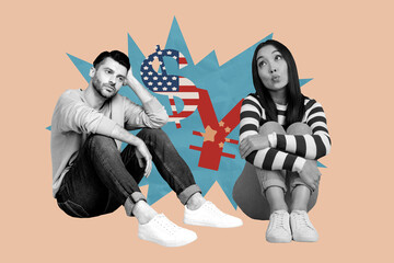 Trend artwork composite 3D photo collage design of young lady man sit down stress usd yuan money...