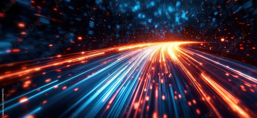 Poster dynamic light trails creating a sense of speed and motion in a digital universe