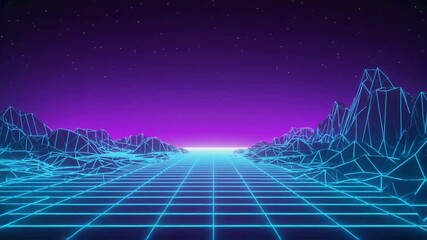 3D Synthwave terrain landscape, digital blue purple glow cyberspace laser neon grid floor perspective, abstract futuristic retrowave poster design, 80s retro arcade game style 4k video - Powered by Adobe