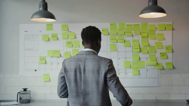 Man with a Calendar in an office with sticky notes.