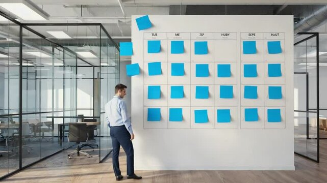 Man with a Calendar in an office with sticky notes.