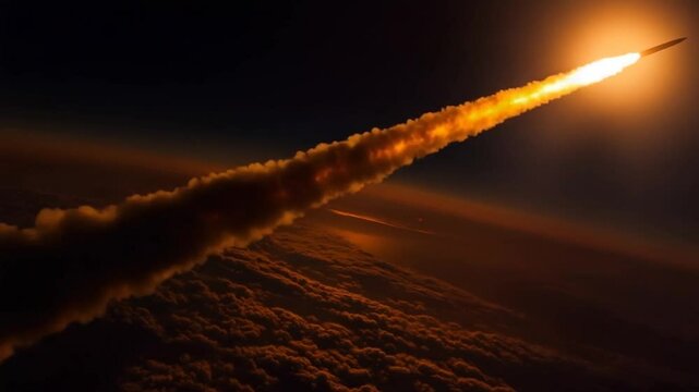 Powerful ballistic missile soars through the atmosphere leaving a fiery trail
