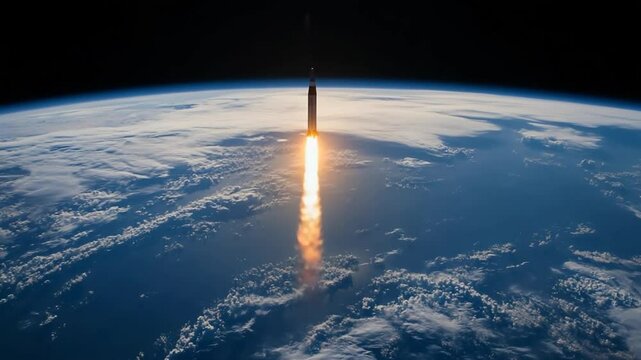 Dramatic view of a space rocket launching to space and leaving the earth behind