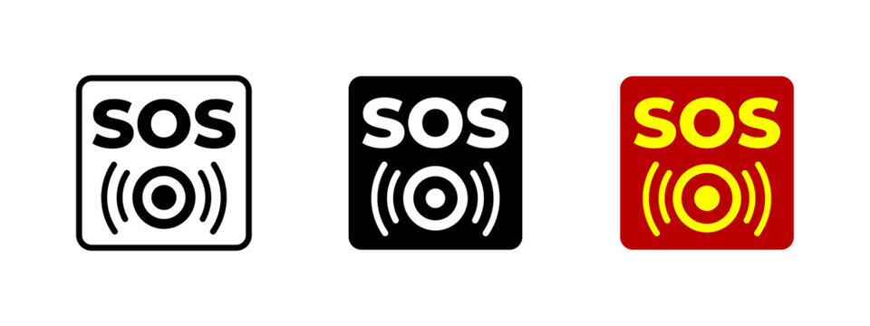 Emergency SOS button icon. Bold red button with alert symbol representing immediate stop or hazard control in industrial settings vector illustration. SOS safety systems and emergency protocols sign.
