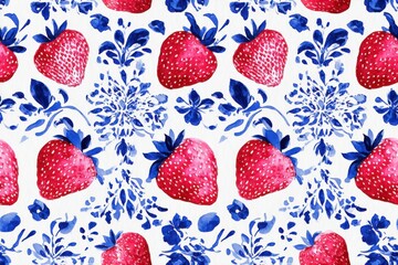 Seamless watercolor pattern with strawberries and blue floral ornament on white background. Decorative fruit texture for textile and packaging.