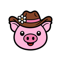 Cute Pig Face with Cowboy Hat and Flower Illustration