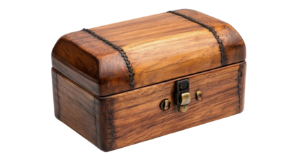 Antique wooden treasure chest with metal accents, isolated on a white background.