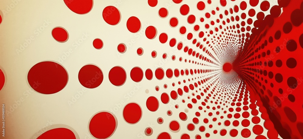 Poster red and white abstract tunnel with dots creating depth and perspective